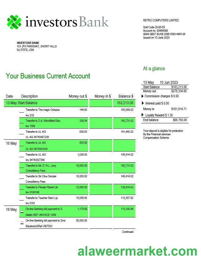 Investors Bank business checking account statement Word and PDF template